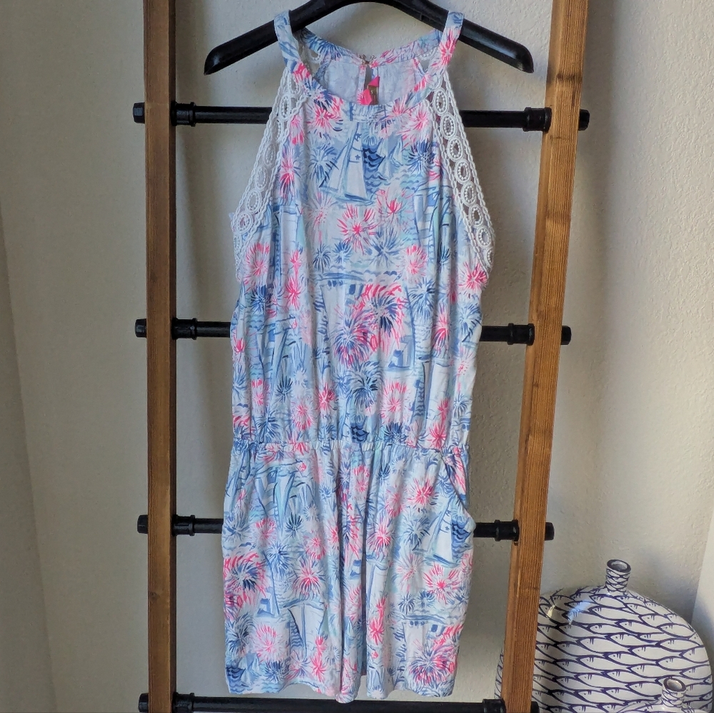 Lilly Pulitzer Women's Pink and Blue Patterned Romper - Size S